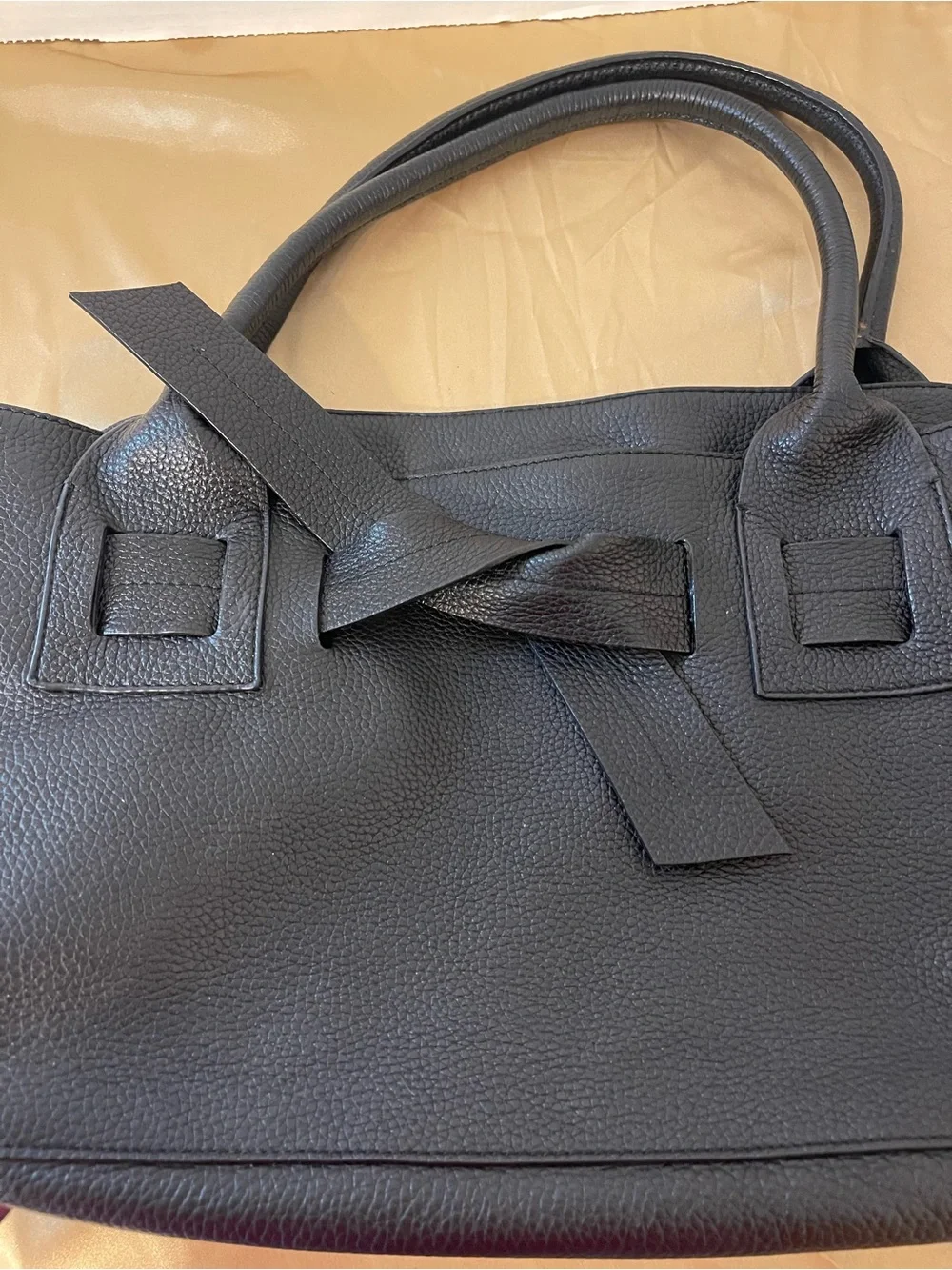 Classic Black Leather Hobo Tote with Front Knot Detail